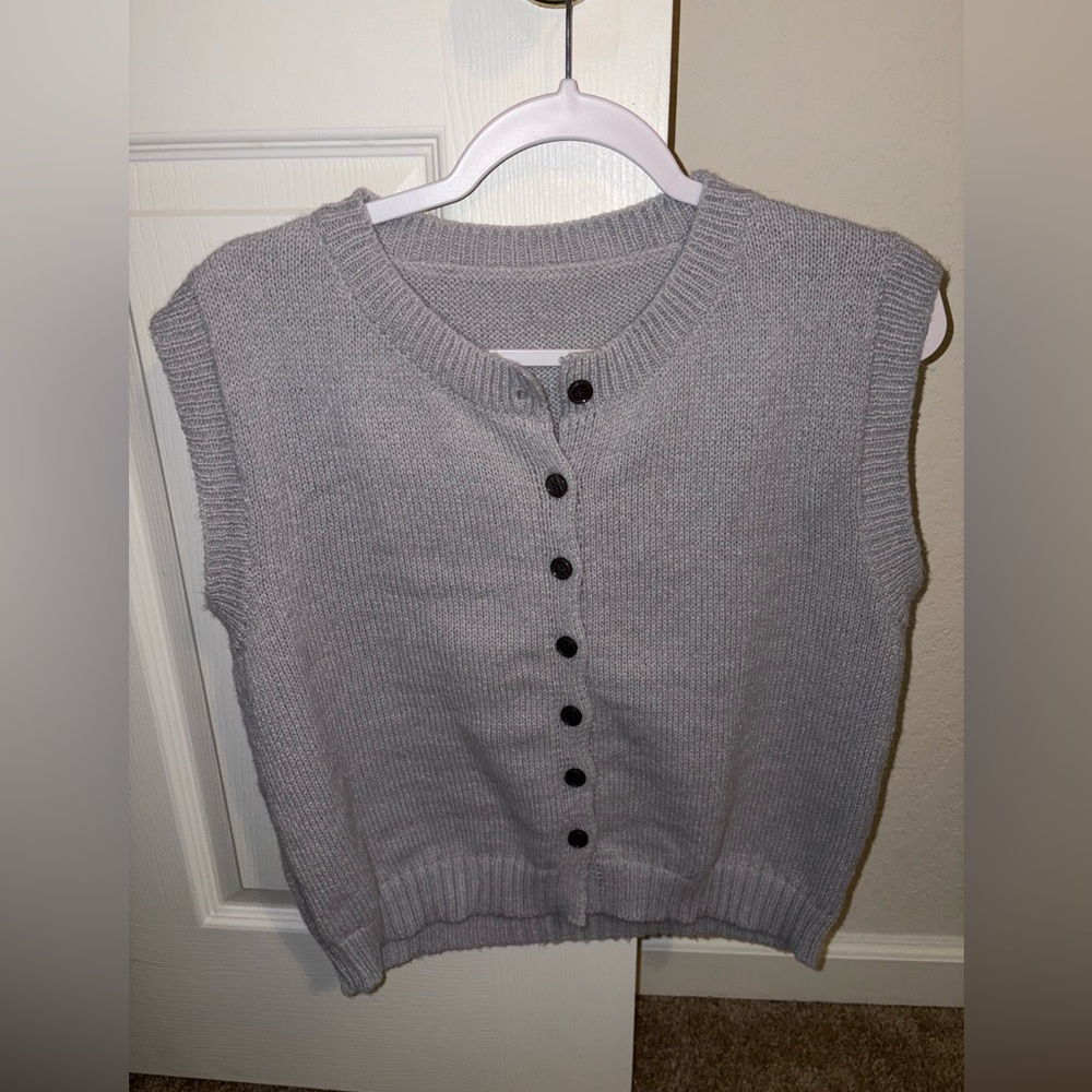Gray Sleeveless Button-Up Sweater Vest